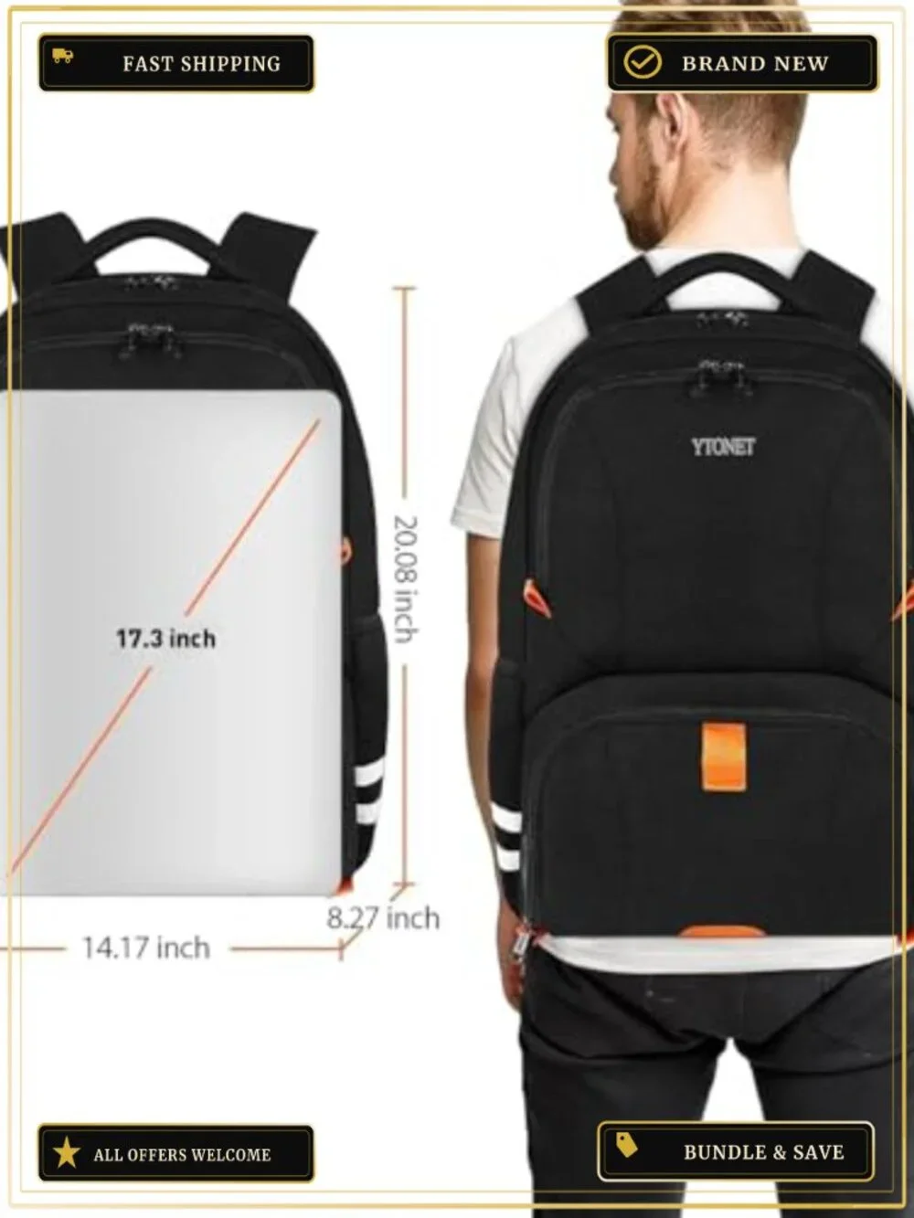 Large 40L Gym Backpack with Shoe Compartment, Water Resistant Polyester, Fits